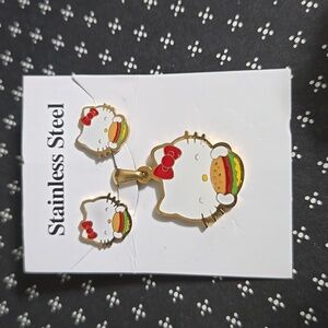 Hello Kitty Hamburger Stainless Steel Post Earrings and Necklace Set